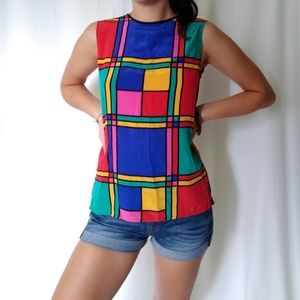 Vintage 80s Color Block 100% Silk Blouse